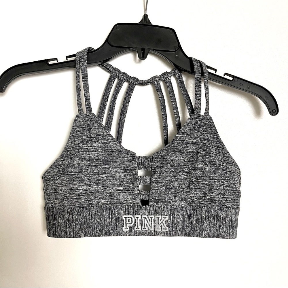 PINK Ultimate heather gray black logo strappy sports bra